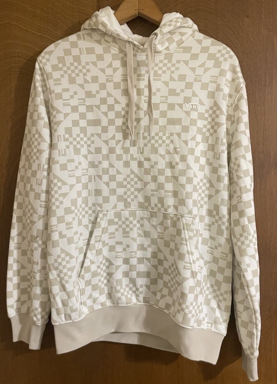 Vans Sweatshirt Mens Small Hoodie Pullover Sweater Checkered Tan White